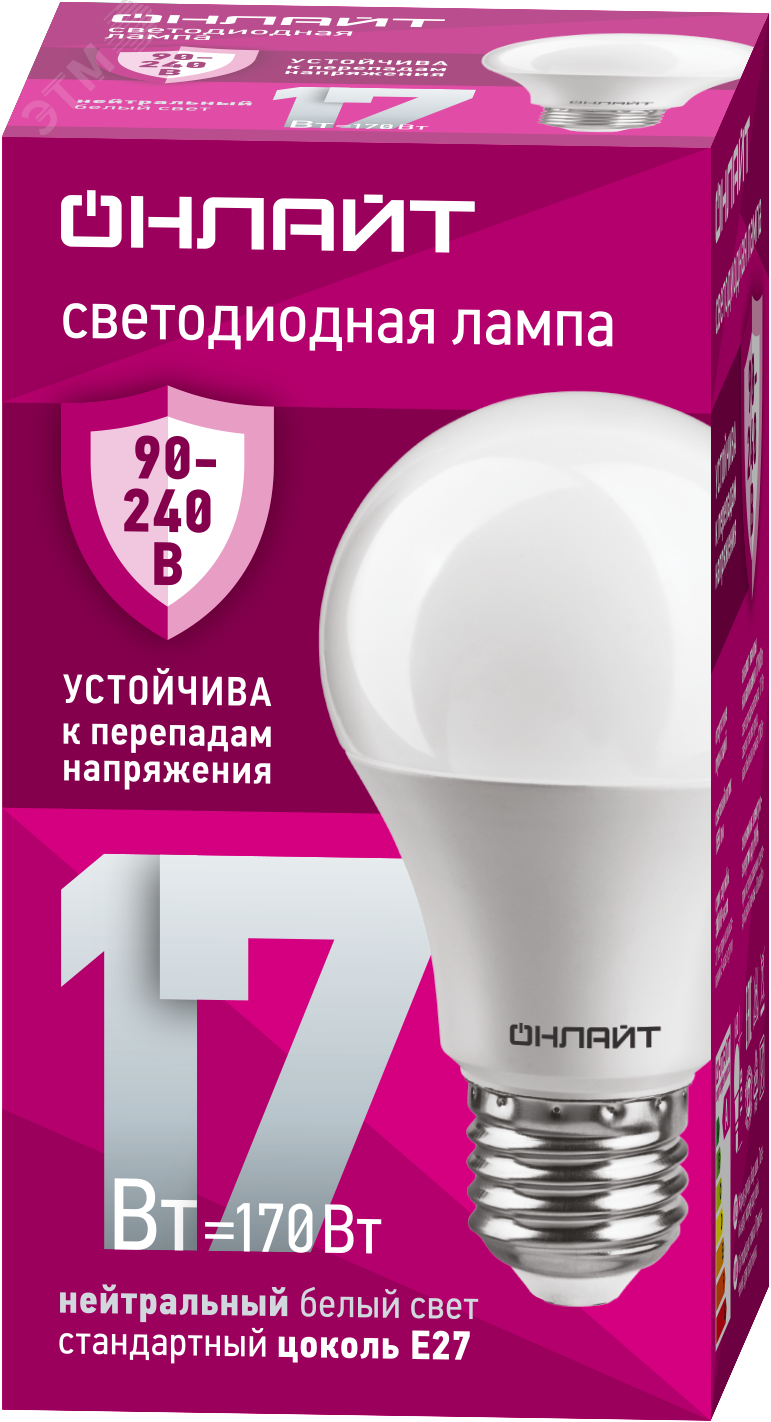 Лампа светодиодная 17вт OLL-A60-17-230-4K-E27 ОНЛАЙТ артикул 90403 ...