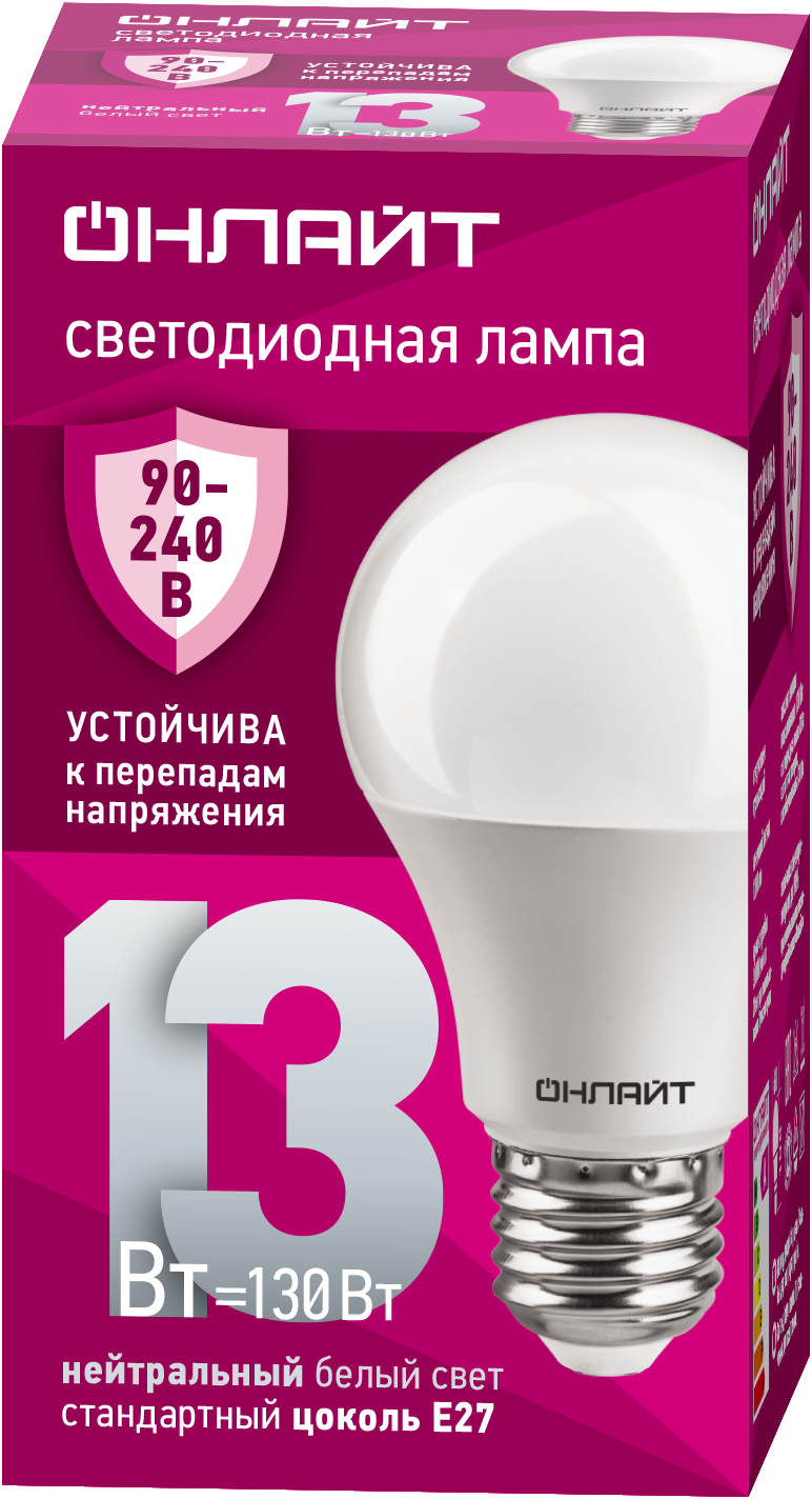 Лампа светодиодная 13 Вт OLL-A60-13-230-4K-E27 PRO 90-240В