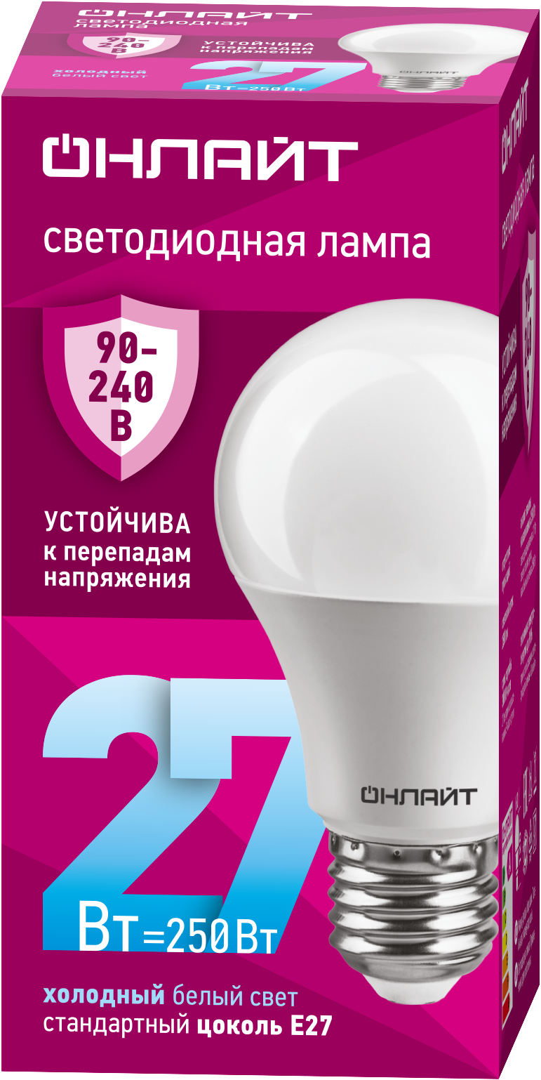 Лампа светодиодная 27 Вт OLL-A60-27-230-6.5K-E27 PRO 90-240В