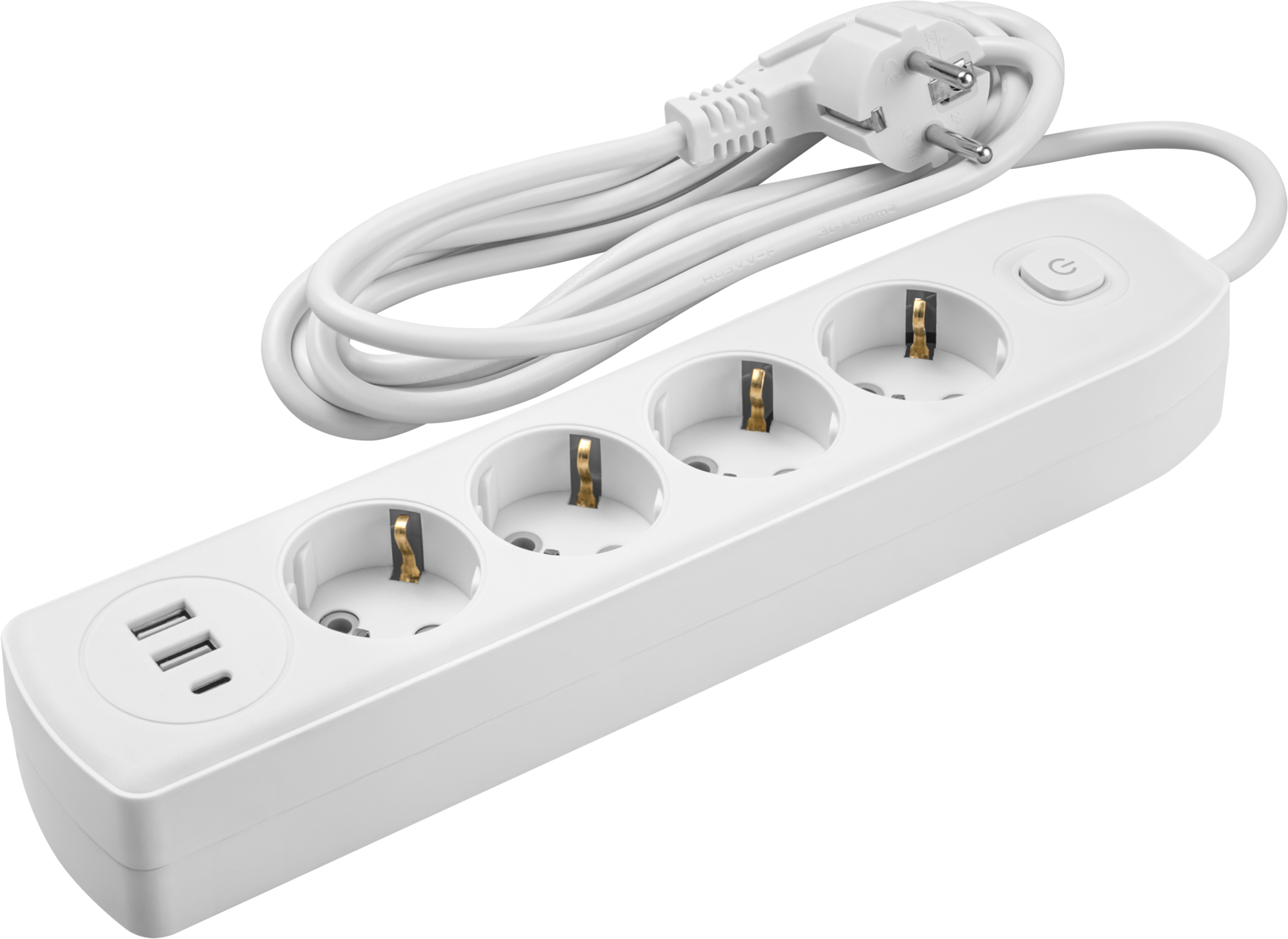 Удлинитель бытовой OPE-USB-04-500-ESC-3x1 с заземлением с выключателем 4 розетки 5м ПВС 3х1 2500Вт 2USB-A+USB-C, 2,4А