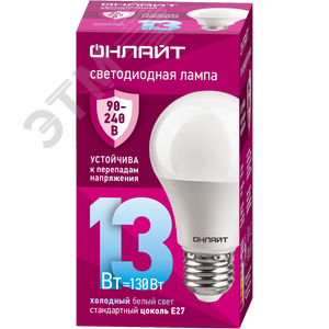 Изображение товара Лампа светодиодная 13вт OLL-A60-13-230-6.5K-E27 PRO 90-240В ОНЛАЙТ (шт)
