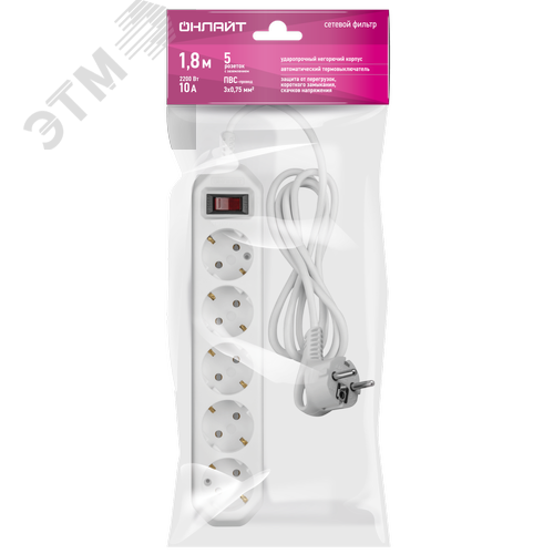 Сетевой фильтр OSP-05-180-ESC-3x0.75-WH 5 розеток 1,8м ПВС 3х0,75 2200Вт с заземлением с выключателем белый - фото 2