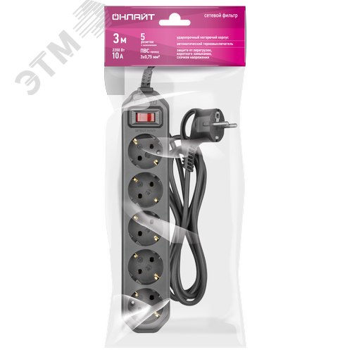 Сетевой фильтр OSP-05-300-ESC-3x0.75-BL 5 розеток 3м ПВС 3х0,75 2200Вт с заземлением с выключателем черный - фото 2