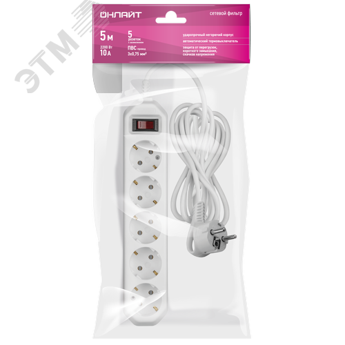 Сетевой фильтр OSP-05-500-ESC-3x0.75-WH 5 розеток 5м ПВС 3х0,75 2200Вт с заземлением с выключателем белый - фото 2