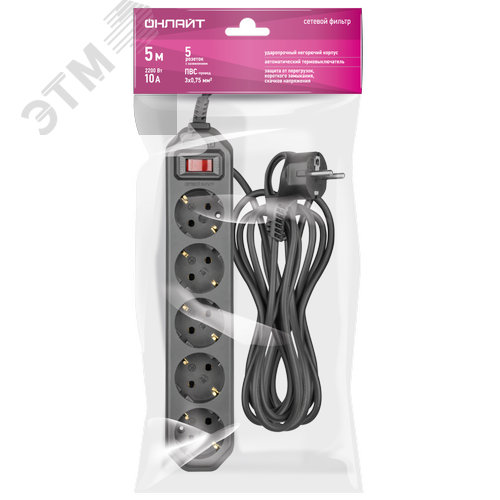 Сетевой фильтр OSP-05-500-ESC-3x0.75-BL 5 розеток 5м ПВС 3х0,75 2200Вт с заземлением с выключателем черный - фото 2