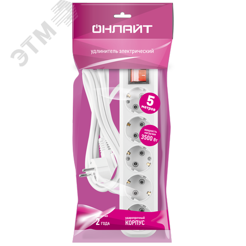 Удлинитель бытовой OPE-S-05-500-ESC-3x1 с заземлением с выключателем 5 розеток  5м ПВС 3х1 3500Вт - фото 2