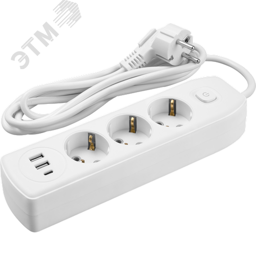Удлинитель бытовой OPE-USB-03-180-ESC-3x1 с заземлением с выключателем 3 розетки 1,8м ПВС 3х1 2500Вт 2USB-A+USB-C, 2,4А - фото 1