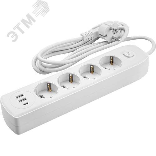 Удлинитель бытовой OPE-USB-04-500-ESC-3x1 с заземлением с выключателем 4 розетки 5м ПВС 3х1 2500Вт 2USB-A+USB-C, 2,4А - фото 1