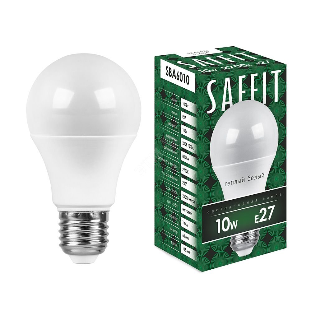 Лампа светодиодная LED 10вт Е27 теплый SBA6010 SAFFIT
