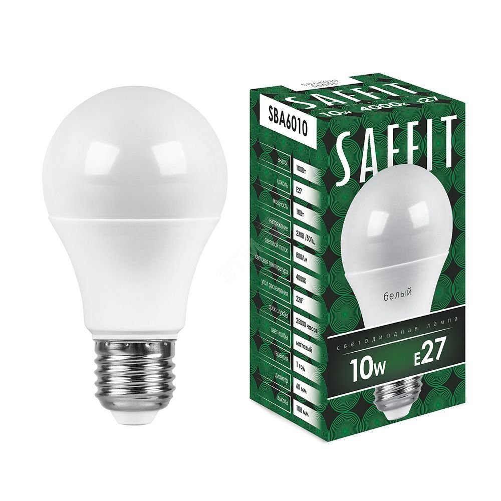 Лампа светодиодная LED 10вт Е27 белый SBA6010 SAFFIT