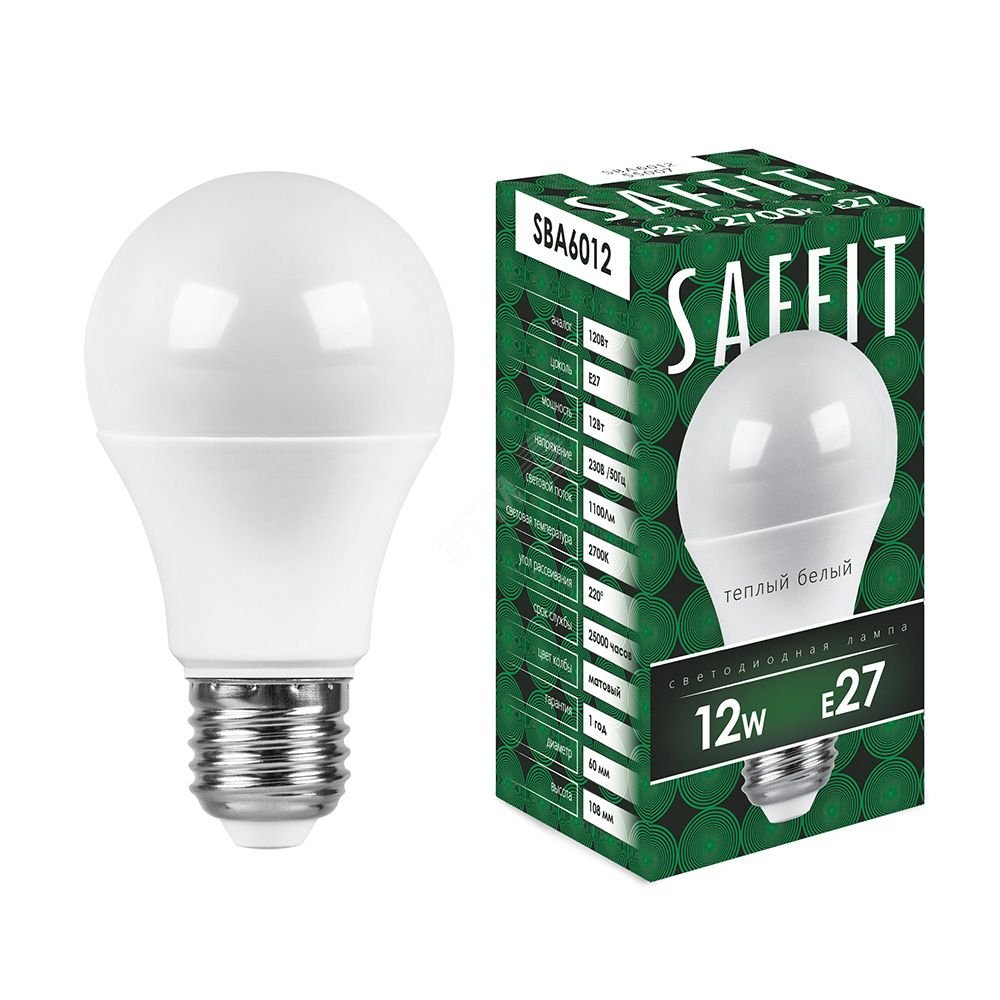 Лампа светодиодная LED 12вт Е27 теплый SBA6012 SAFFIT