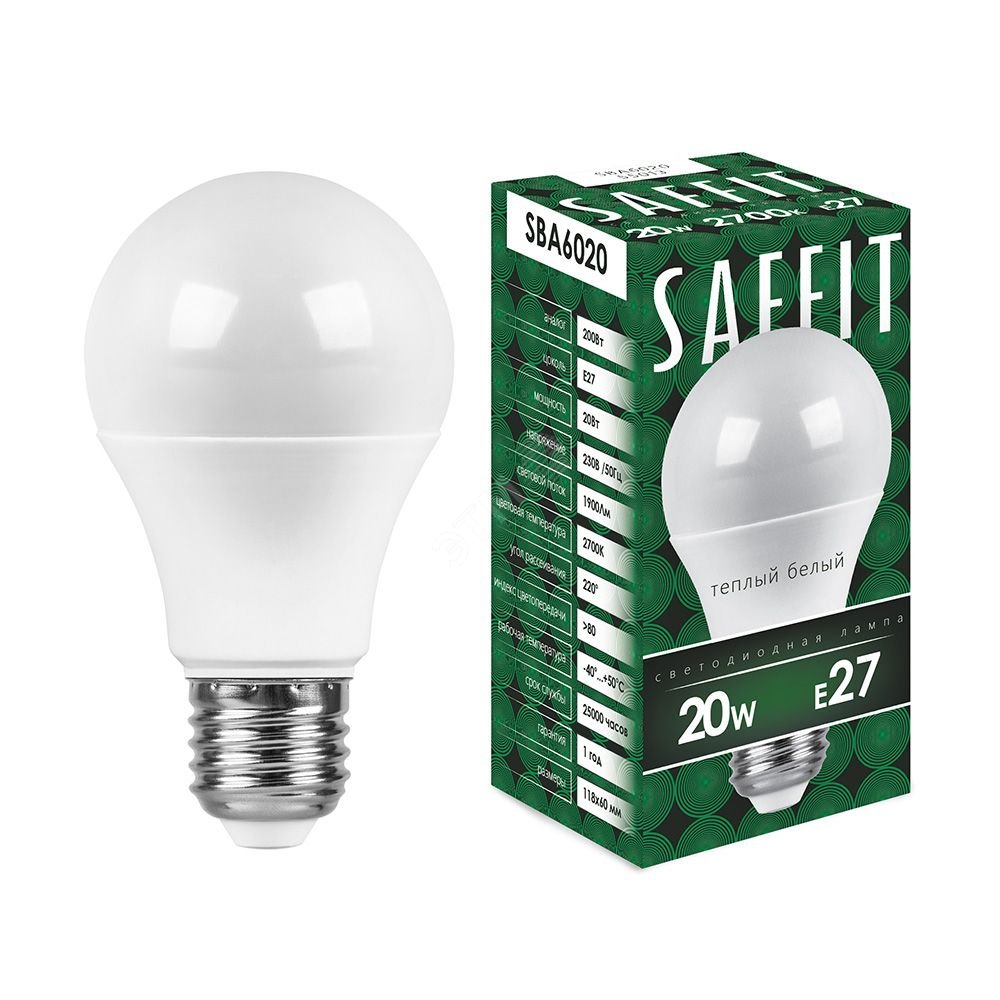 Лампа светодиодная LED 20вт Е27 теплый SBA6020 SAFFIT