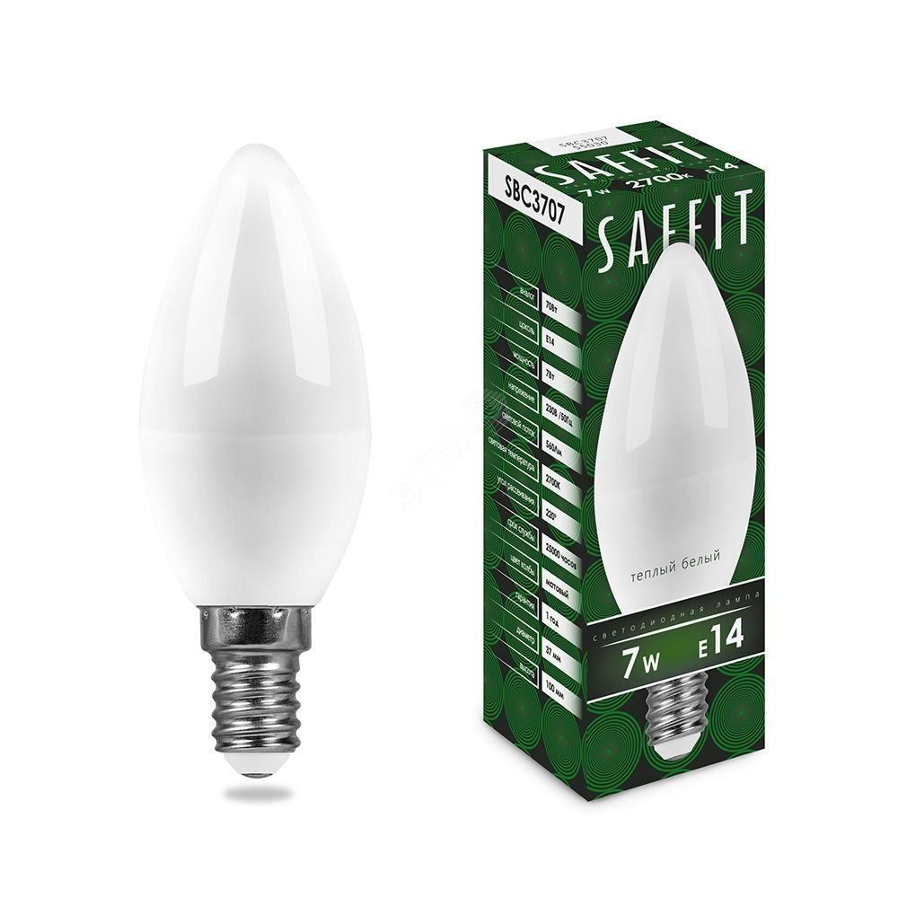 Лампа светодиодная LED 7вт E14 теплый матовая свеча SBC3707 SAFFIT