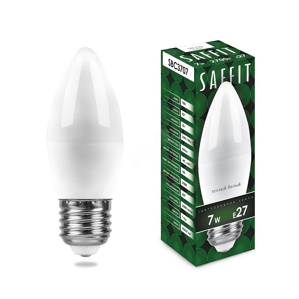 Лампа светодиодная LED 7вт E27 теплый матовая свеча SBC3707 SAFFIT