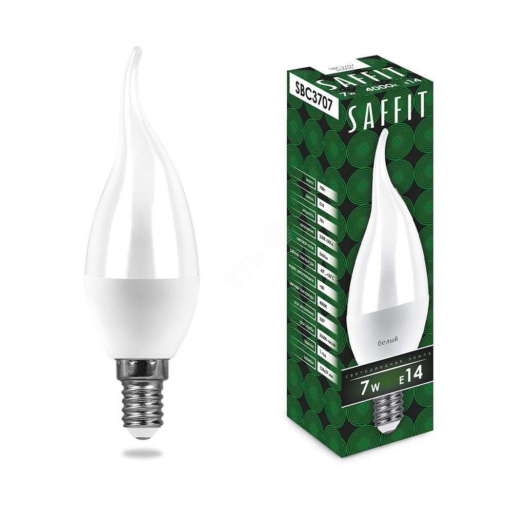 Лампа светодиодная LED 7вт Е14 белый матовая свеча на ветру SBC3707 SAFFIT