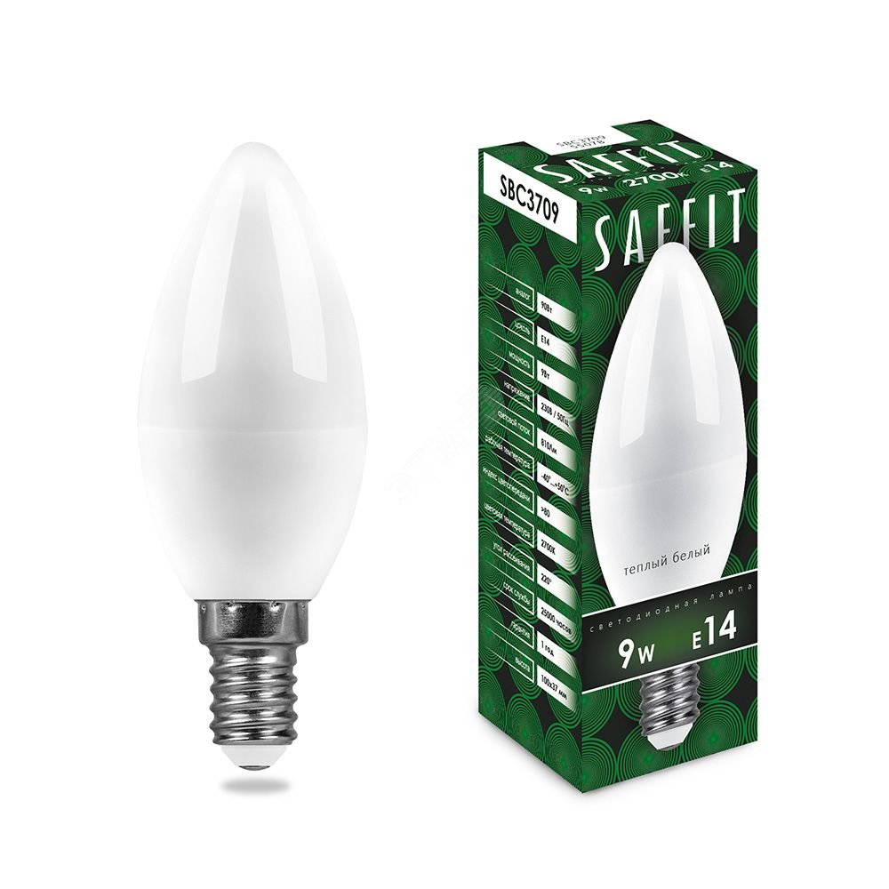 Лампа светодиодная LED 9вт Е14 теплый матовая свеча SBC3709 SAFFIT