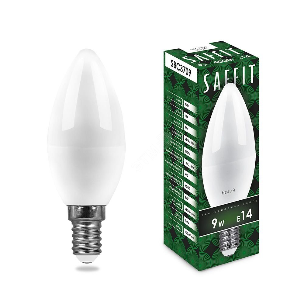 Лампа светодиодная LED 9вт Е14 белый матовая свеча SBC3709 SAFFIT