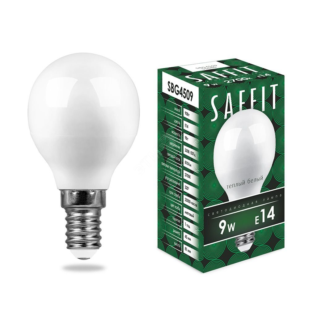 Лампа светодиодная LED 9вт Е14 теплый матовый шар SBG4509 SAFFIT
