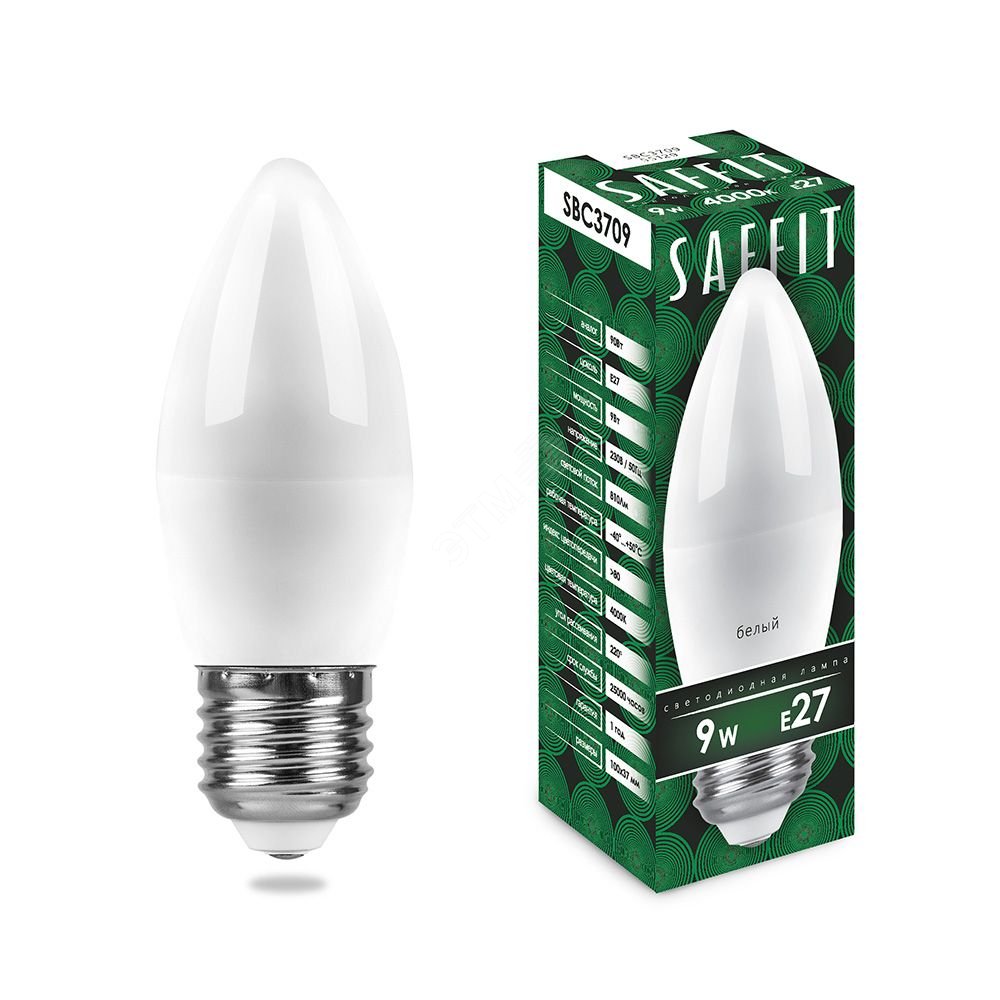 Лампа светодиодная LED 9вт Е27 белый матовая свеча SBC3709 SAFFIT