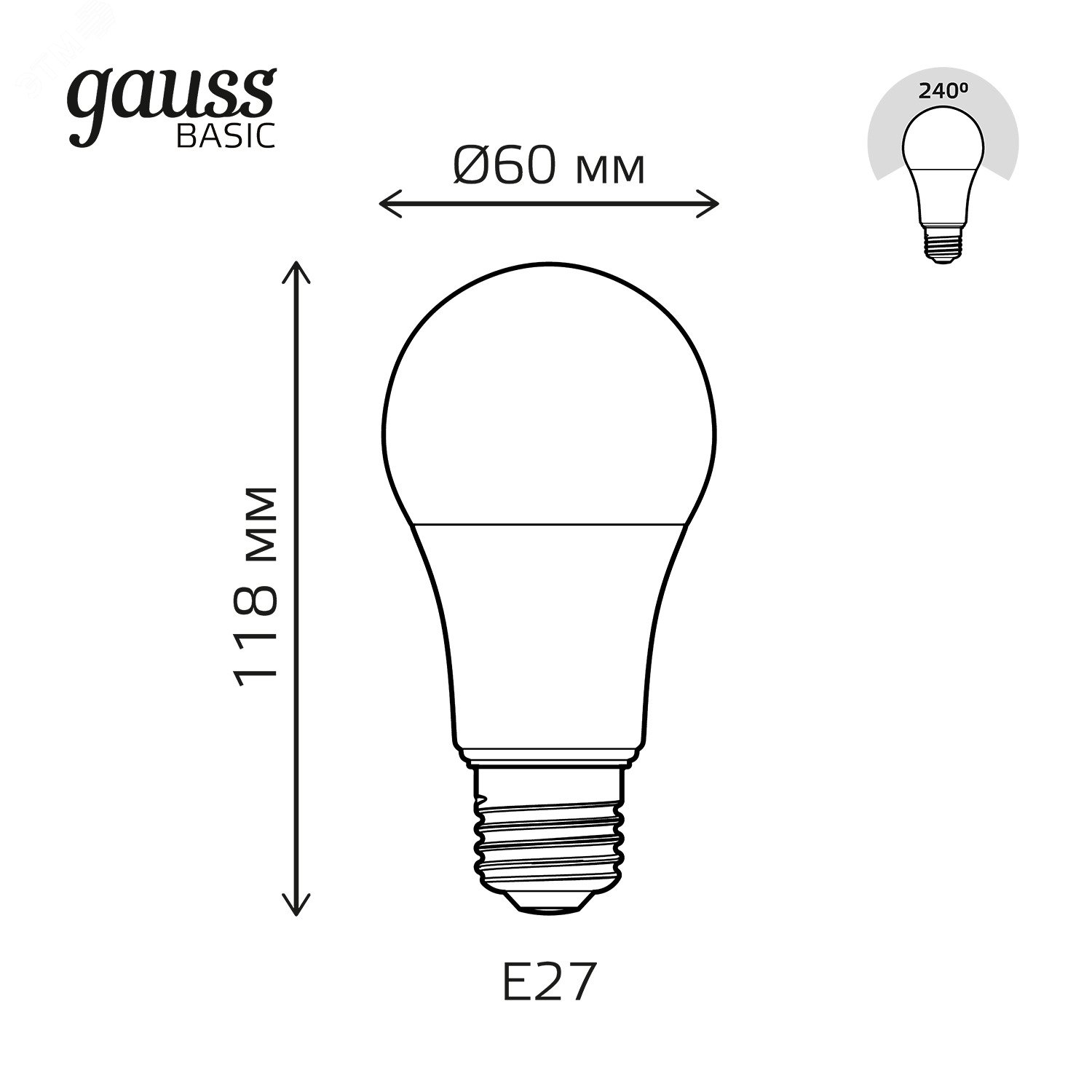 Лампа светодиодная LED 13.5 Вт 1300 лм 4100К AC180-240В E27 А60 (груша) нейтральный  Basic Gauss 1023224 GAUSS - превью 7