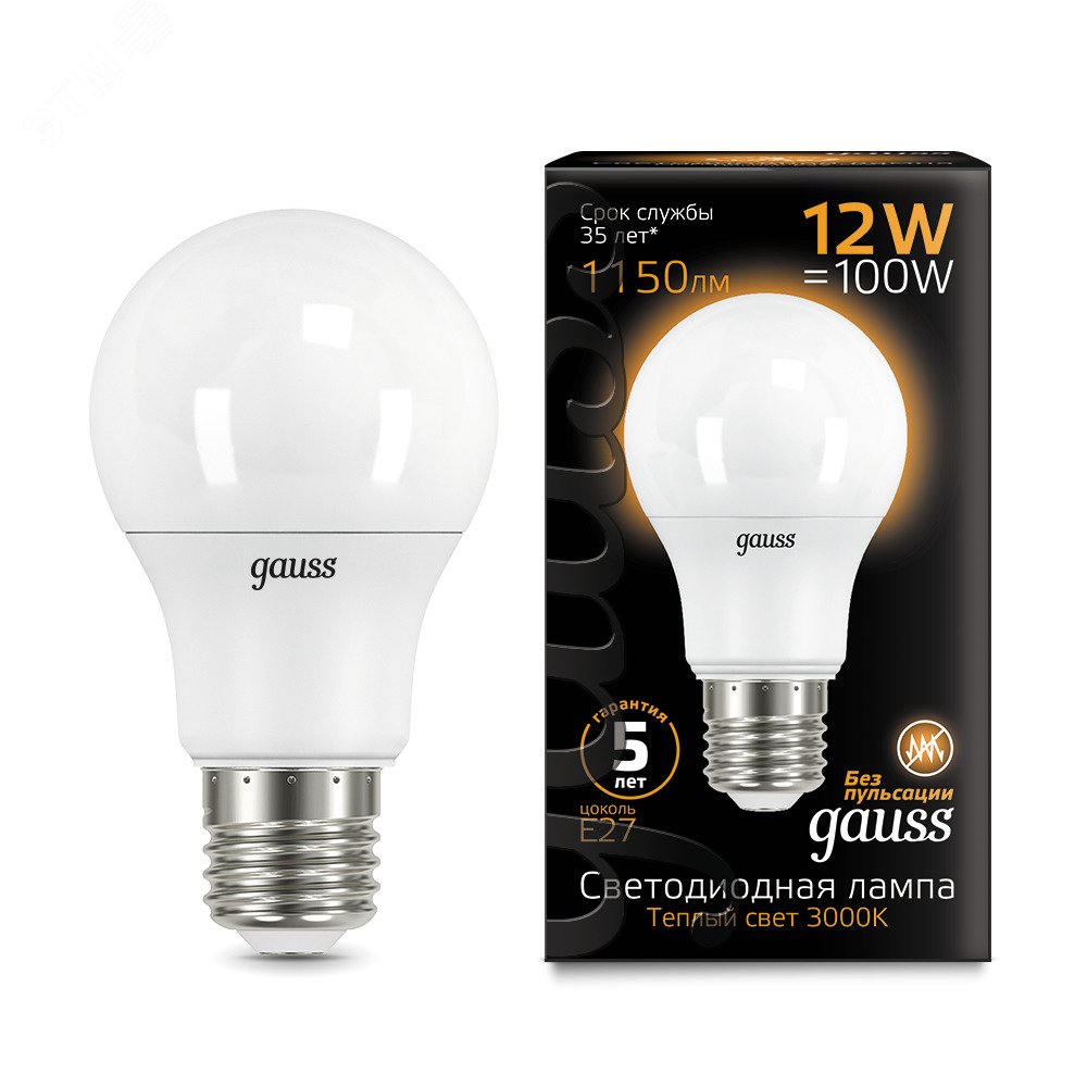 Лампа светодиодная LED 12 Вт 1150 лм 3000К AC150-265В E27 А60 (груша) теплая Black 102502112 GAUSS - превью 3