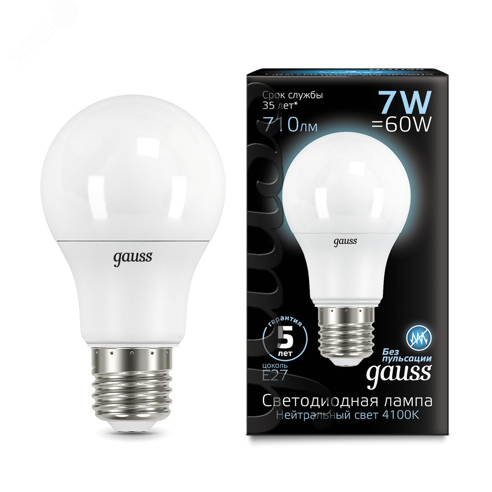 Лампа светодиодная LED 7 Вт 710 лм 4100К AC150-265В E27 А60 (груша) нейтральный Black 102502207 GAUSS - превью 3