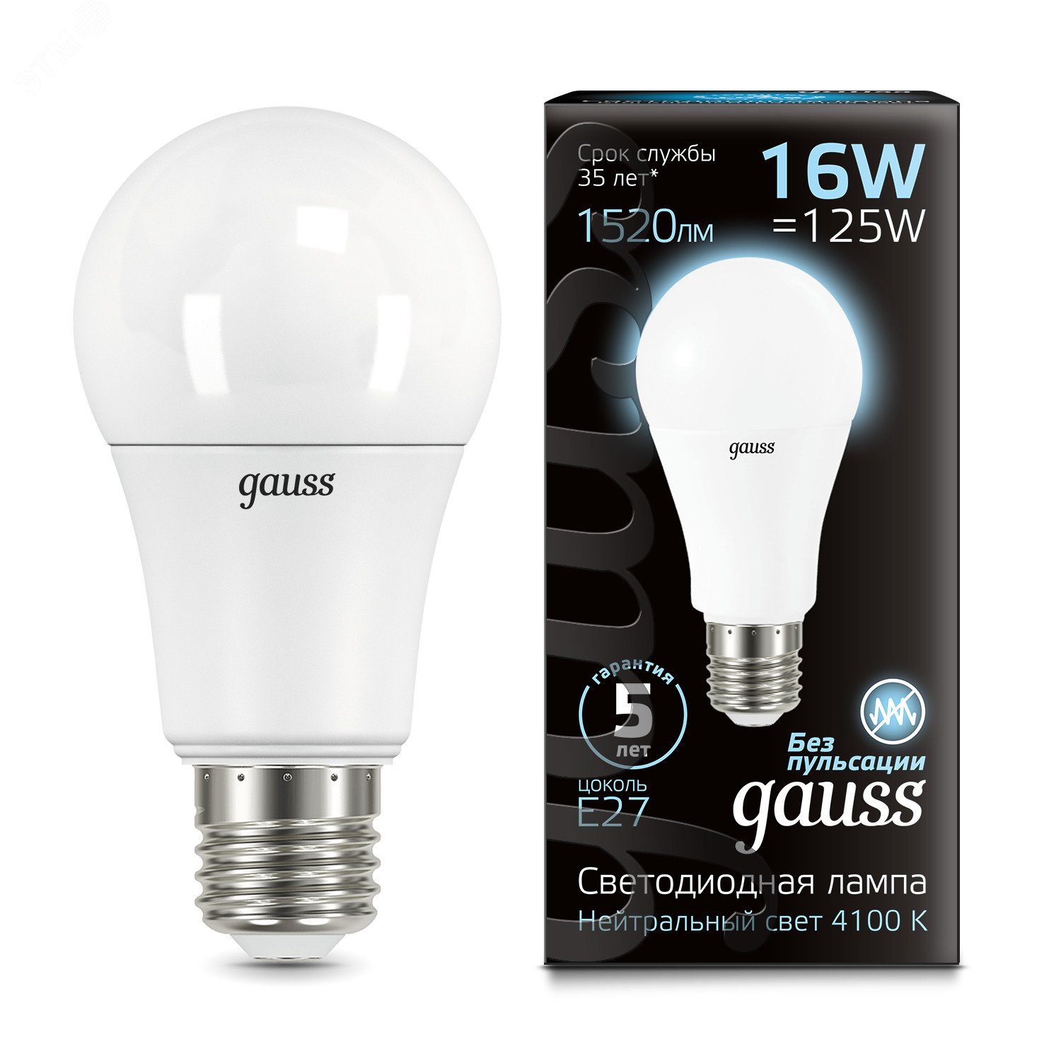 Лампа светодиодная LED 16 Вт 1520 лм 4100К AC150-265В E27 А60 (груша) нейтральный  Black Gauss 102502216 GAUSS - превью 2