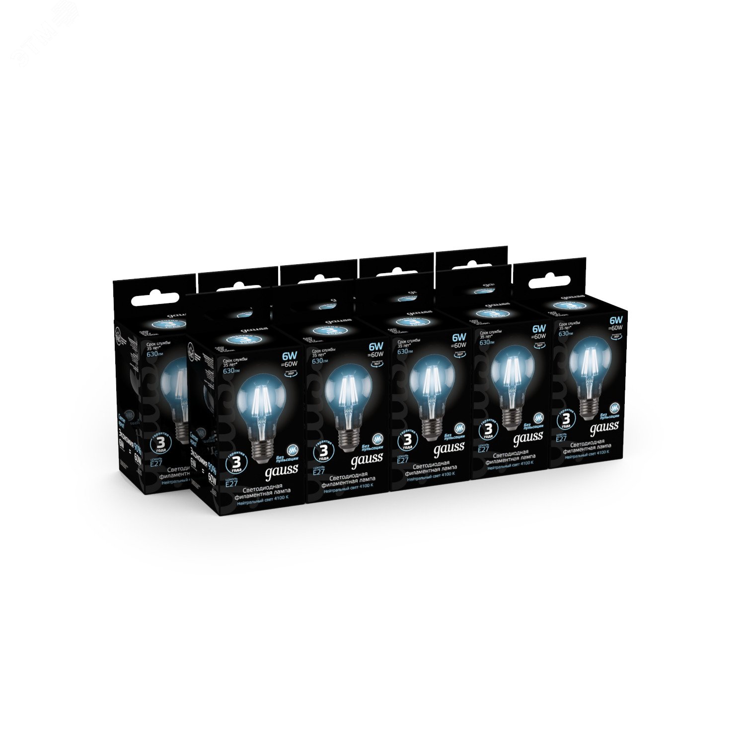 Лампа светодиодная филаментная LED 6 Вт 630 лм 4100К AC185-265В E27 А60 (груша) нейтральный Black Filament 102802206 GAUSS - превью 5