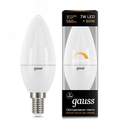 Лампа светодиодная LED 7 Вт 560 лм 3000К AC150-265В E14 свеча теплая диммируемая Black Gauss 103101107-D GAUSS - превью 2