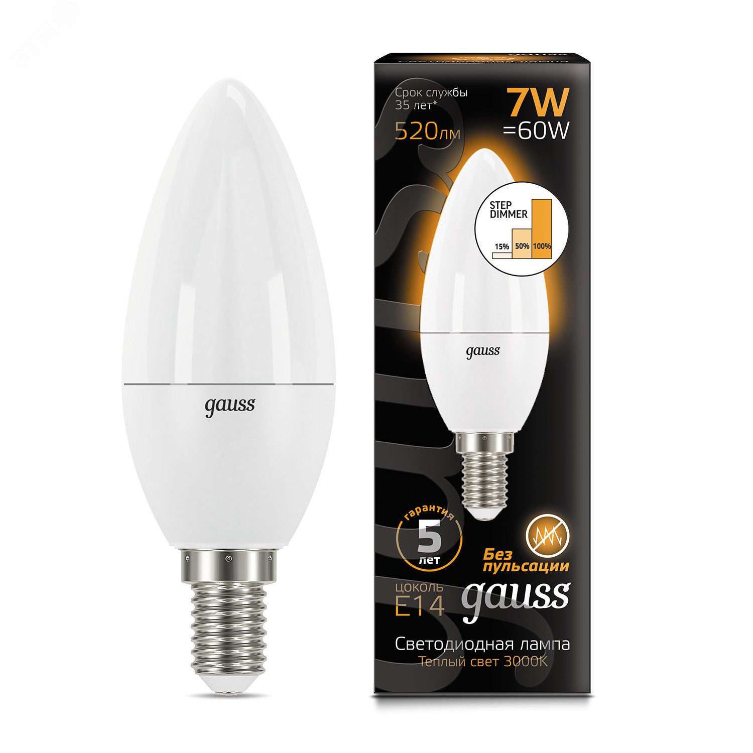 Лампа светодиодная LED 7 Вт 520 лм 3000К AC150-265В E14 свеча теплая шаговое диммирование выключателем Black 103101107-S GAUSS - превью 3