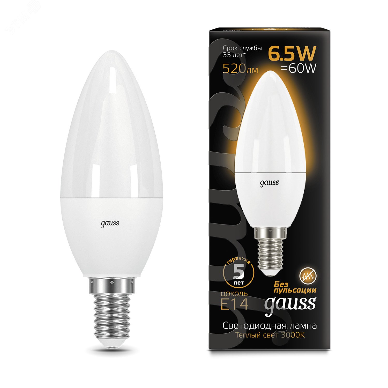 Лампа светодиодная LED 6.5 Вт 520 лм 3000К AC150-265В E14 свеча теплая  Black Gauss 103101107 GAUSS - превью 2