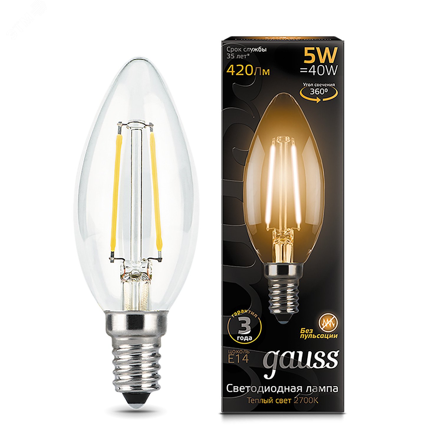 Лампа светодиодная филаментная LED 5 Вт 420 лм 2700К AC185-265В E14 свеча теплая Black Filament 103801105 GAUSS - превью 3