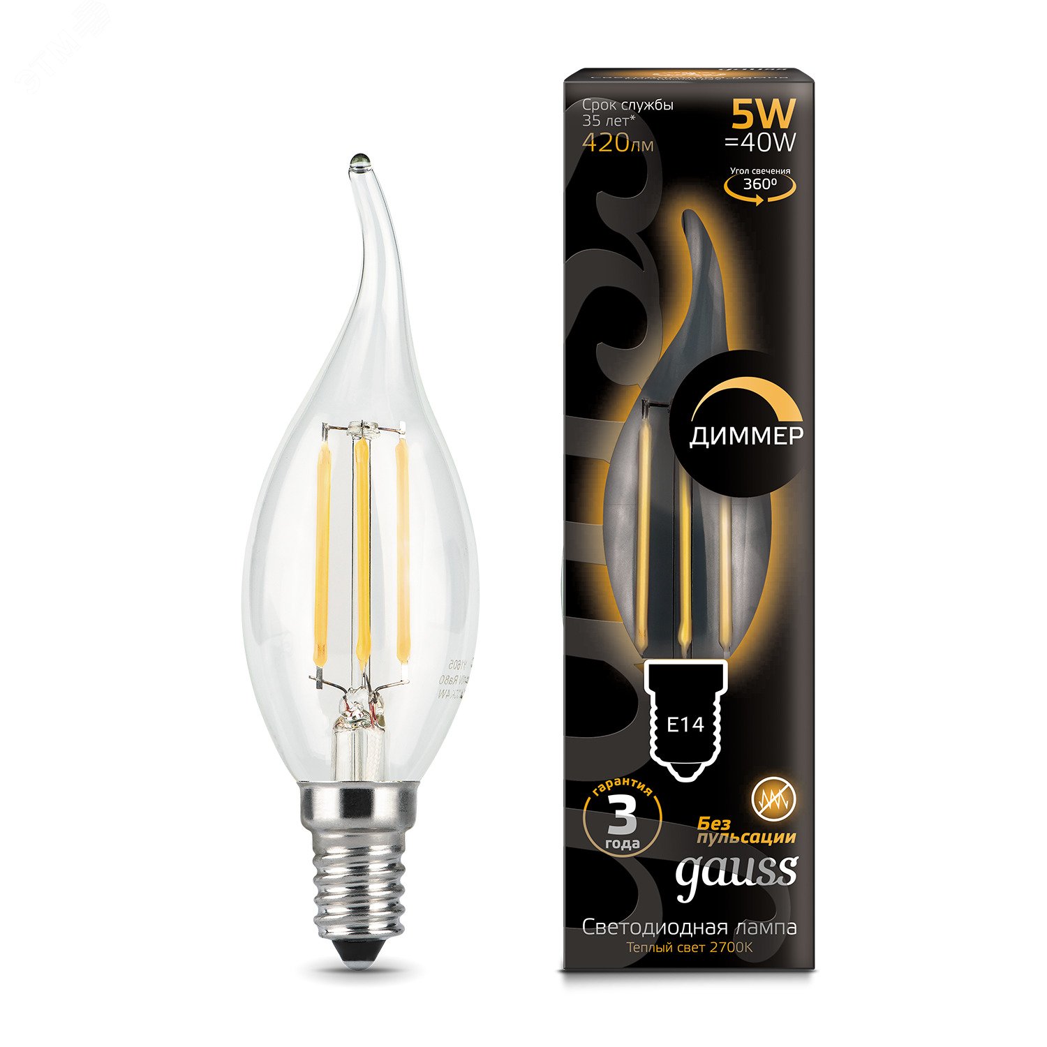 Лампа светодиодная филаментная LED 5 Вт 420 лм 2700К AC185-265В E14 свеча теплая диммируемая Black Filament 104801105-D GAUSS - превью 3
