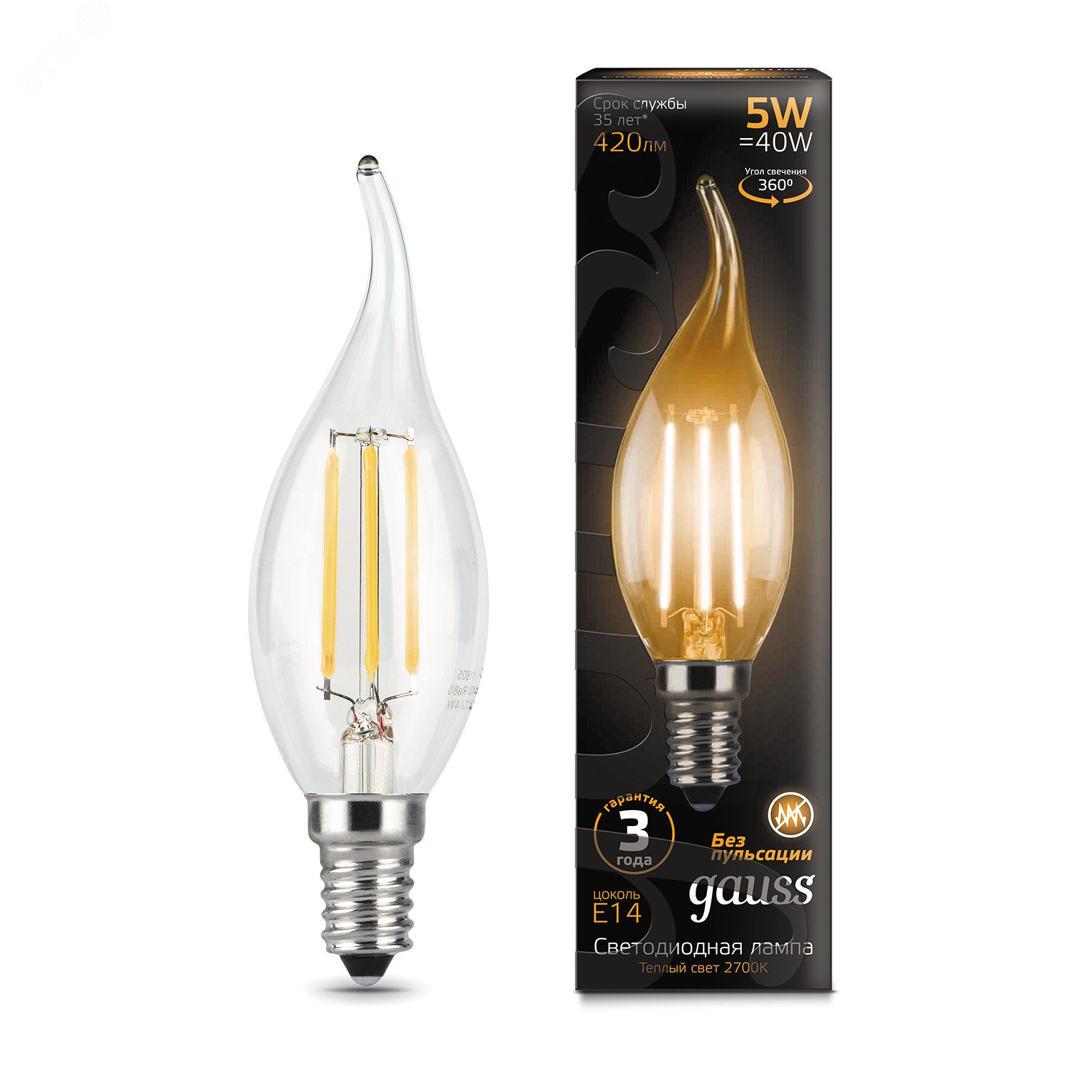 Лампа светодиодная филаментная LED 5 Вт 420 лм 2700К AC185-265В E14 свеча теплая  Black Filament Gauss 104801105 GAUSS - превью 3