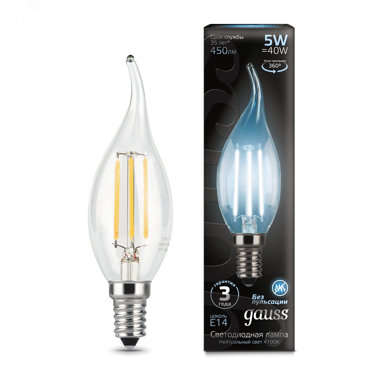 Лампа светодиодная филаментная LED 5 Вт 450 лм 4100К AC185-265В E14 свеча нейтральный  Black Filament Gauss 104801205 GAUSS - превью 3