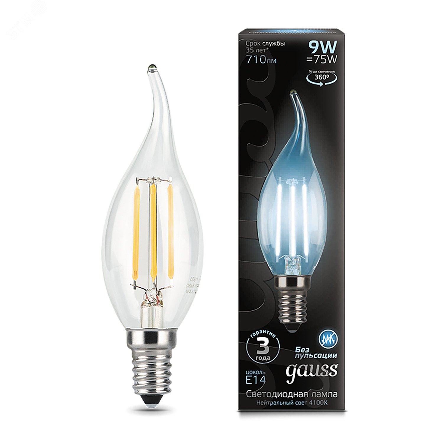 Лампа светодиодная филаментная LED 9 Вт 710 лм 4100К AC185-265В E14 свеча нейтральный  Black Filament Gauss 104801209 GAUSS - превью 3