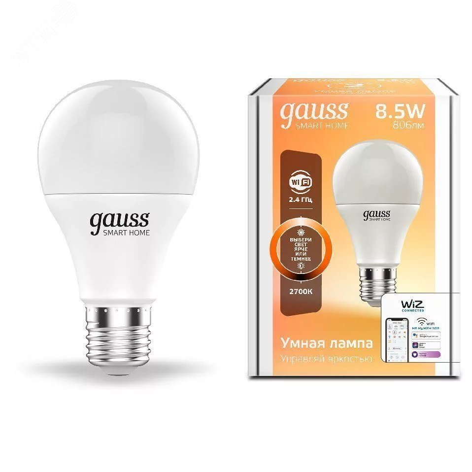 Лампа светодиодная умная 8.5 Вт 800 лм 2700К AC 220-240В E27 А60 (груша) Управление по Wi-Fi, диммируемая Smart Home Gauss 1050112 GAUSS - превью 2