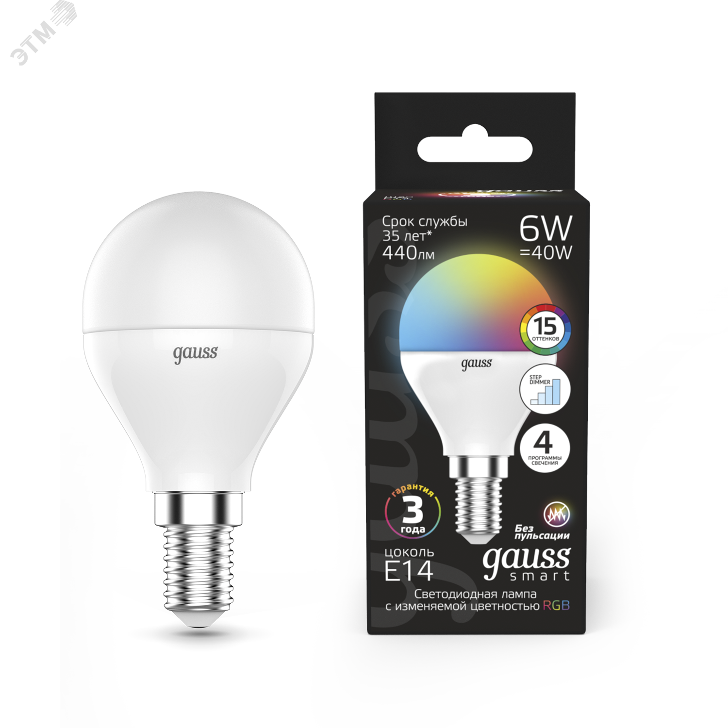 Лампа светодиодная LED 6 Вт RGB Вт+димирование E14 Шар Black 105101406 GAUSS - превью 3