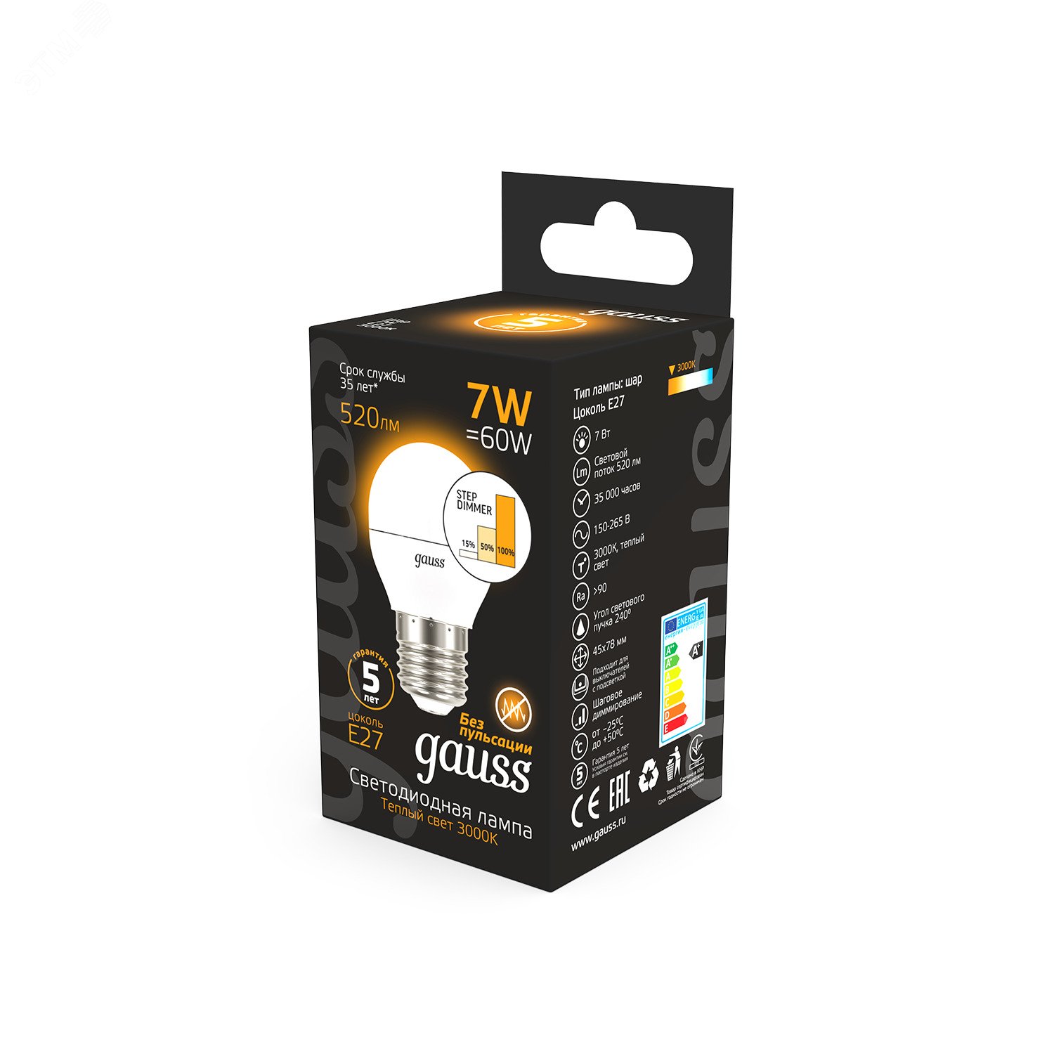 Лампа светодиодная LED 7 Вт 520 лм 3000К AC150-265В E27 шар P45 теплая шаговое диммирование выключателем Black 105102107-S GAUSS - превью 4