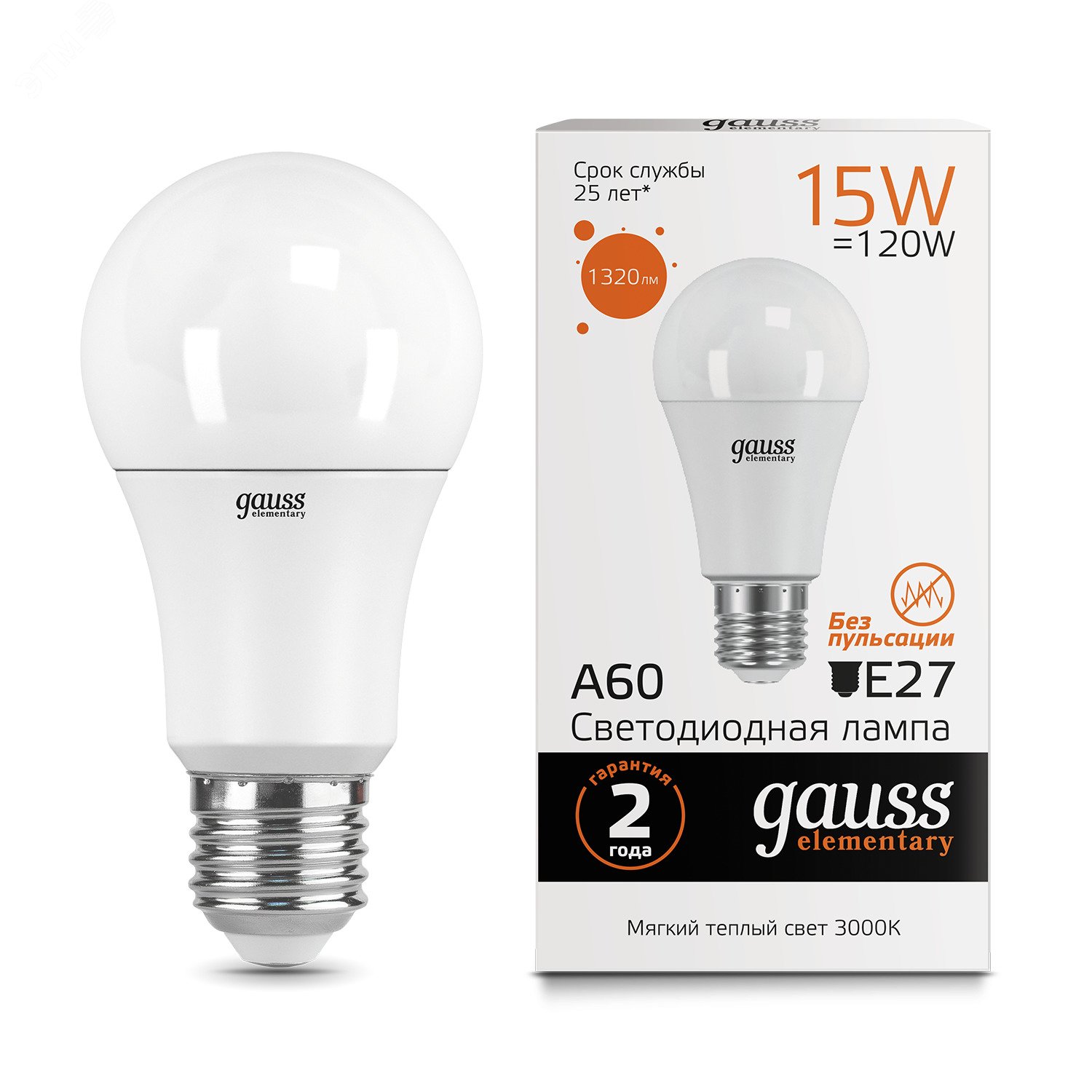 Лампа светодиодная LED 15 Вт 1320 лм 3000К AC180-240В E27 А60 (груша) теплая  Elementary Gauss 23215 GAUSS - превью 5