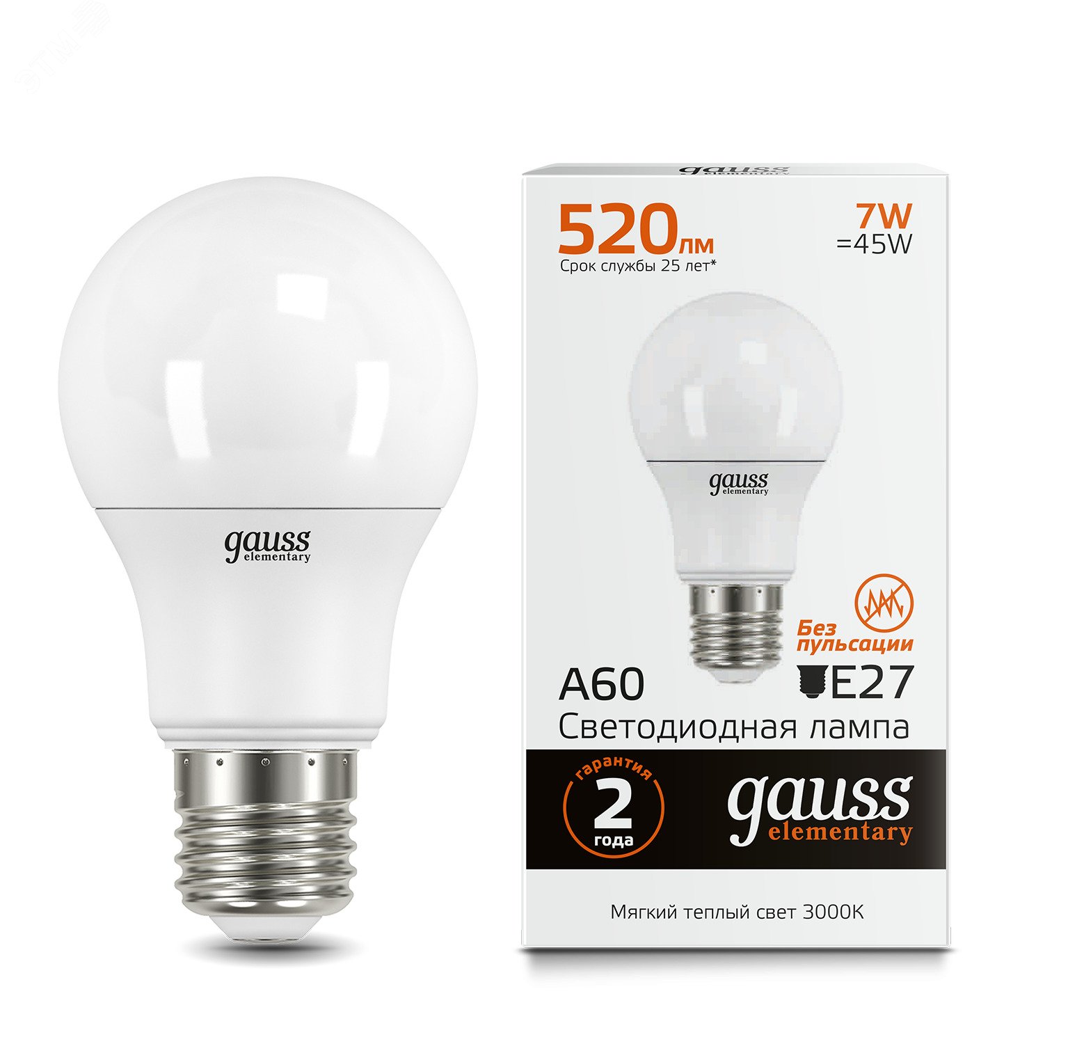 Лампа светодиодная LED 7 Вт 520 лм 3000К AC180-240В E27 А60 (груша) теплая Elementary 23217A GAUSS - превью 3