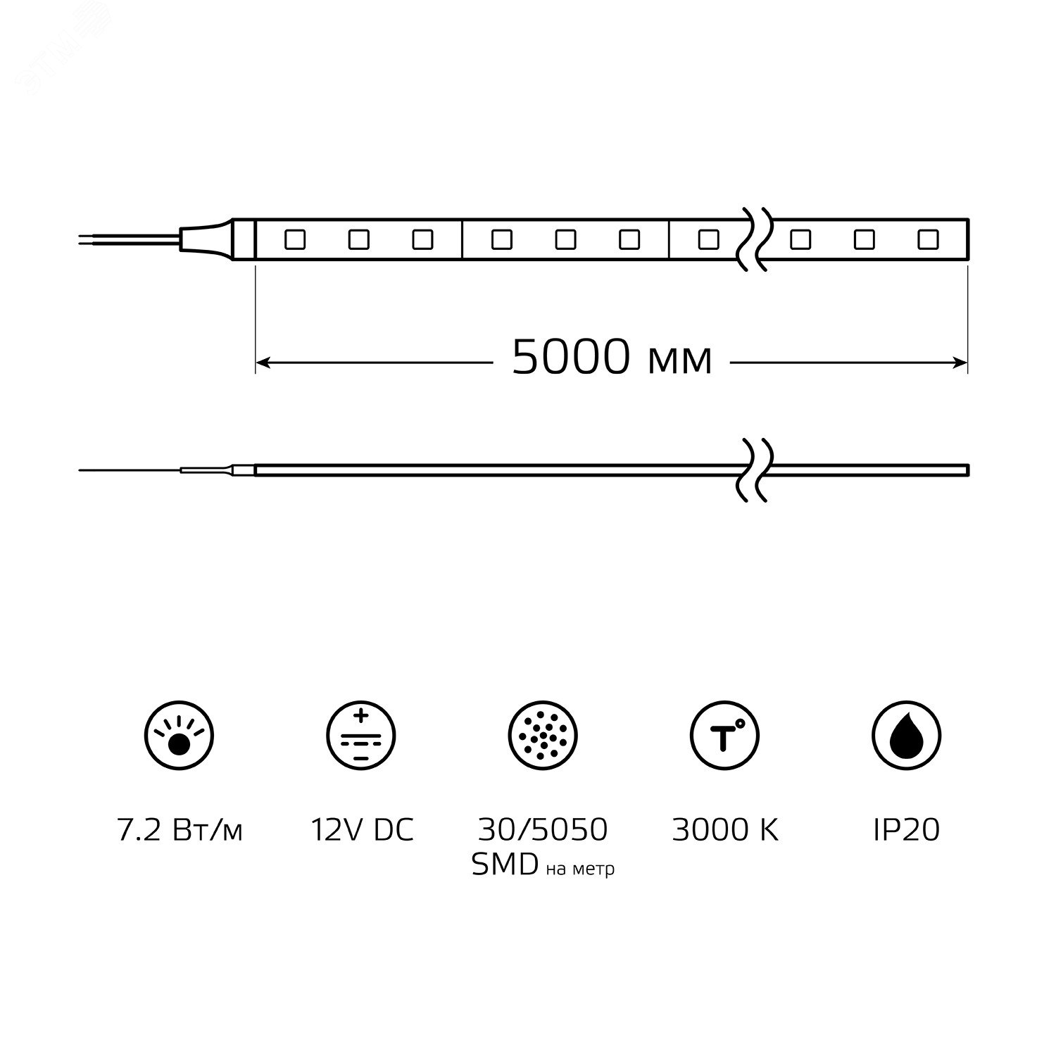 Лента светодиодная LED 5050/30-SMD 7,2 Вт/м 330 Лм/м 2700К теплый белый IP20 12 В DC 10 мм (блистер 5 м) Black 312000107 GAUSS - превью 6