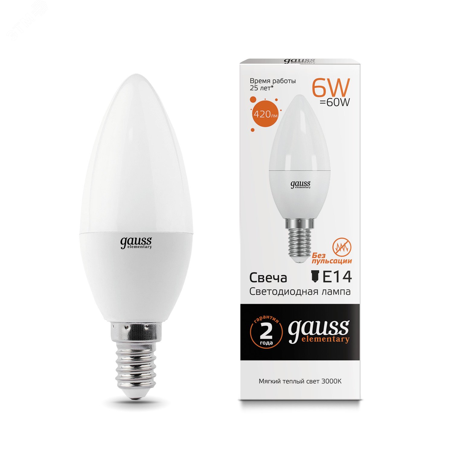 Лампа светодиодная LED 6 Вт 420 лм 3000К AC180-240В E14 свеча теплая  Elementary Gauss 33116 GAUSS - превью 3
