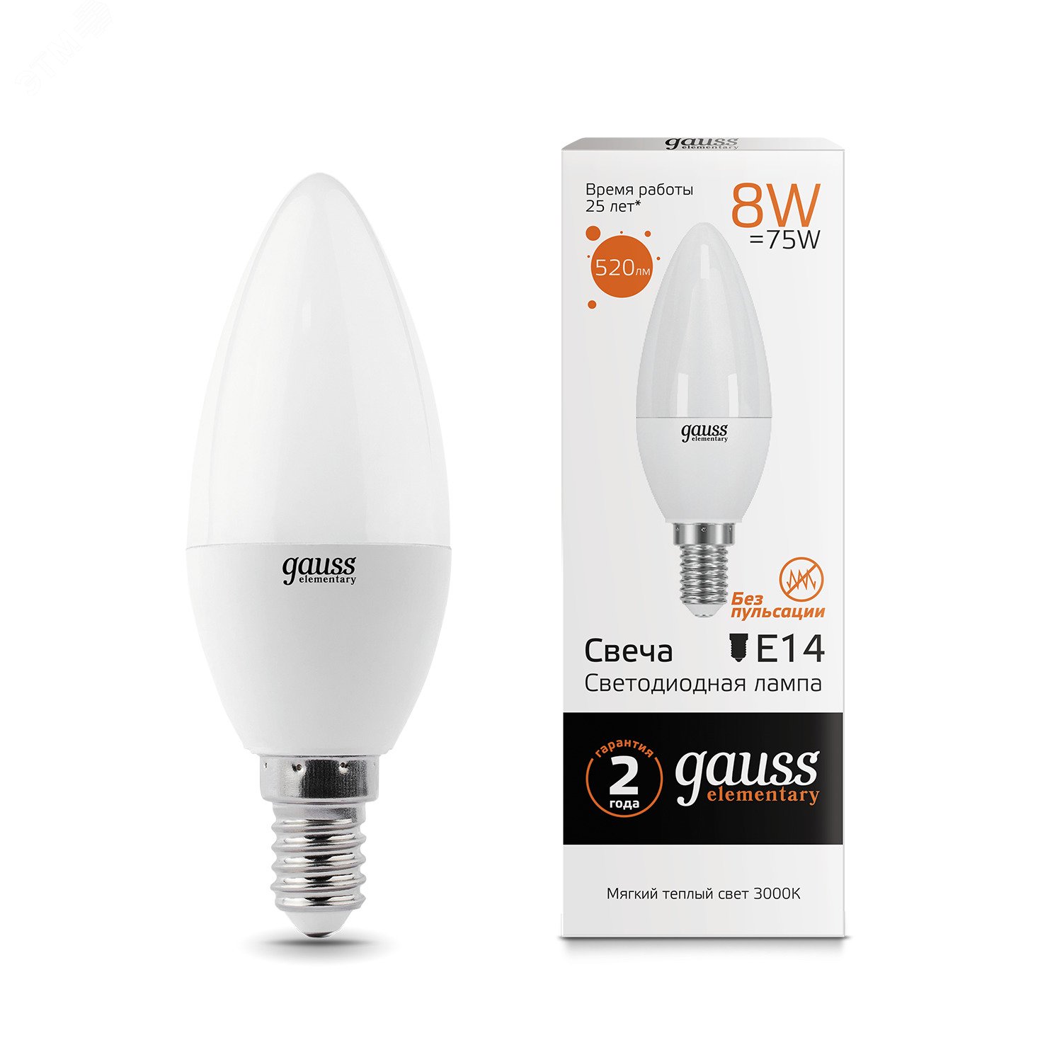 Лампа светодиодная LED 8 Вт 520 лм 3000К AC180-240В E14 свеча теплая  Elementary Gauss 33118 GAUSS - превью 3
