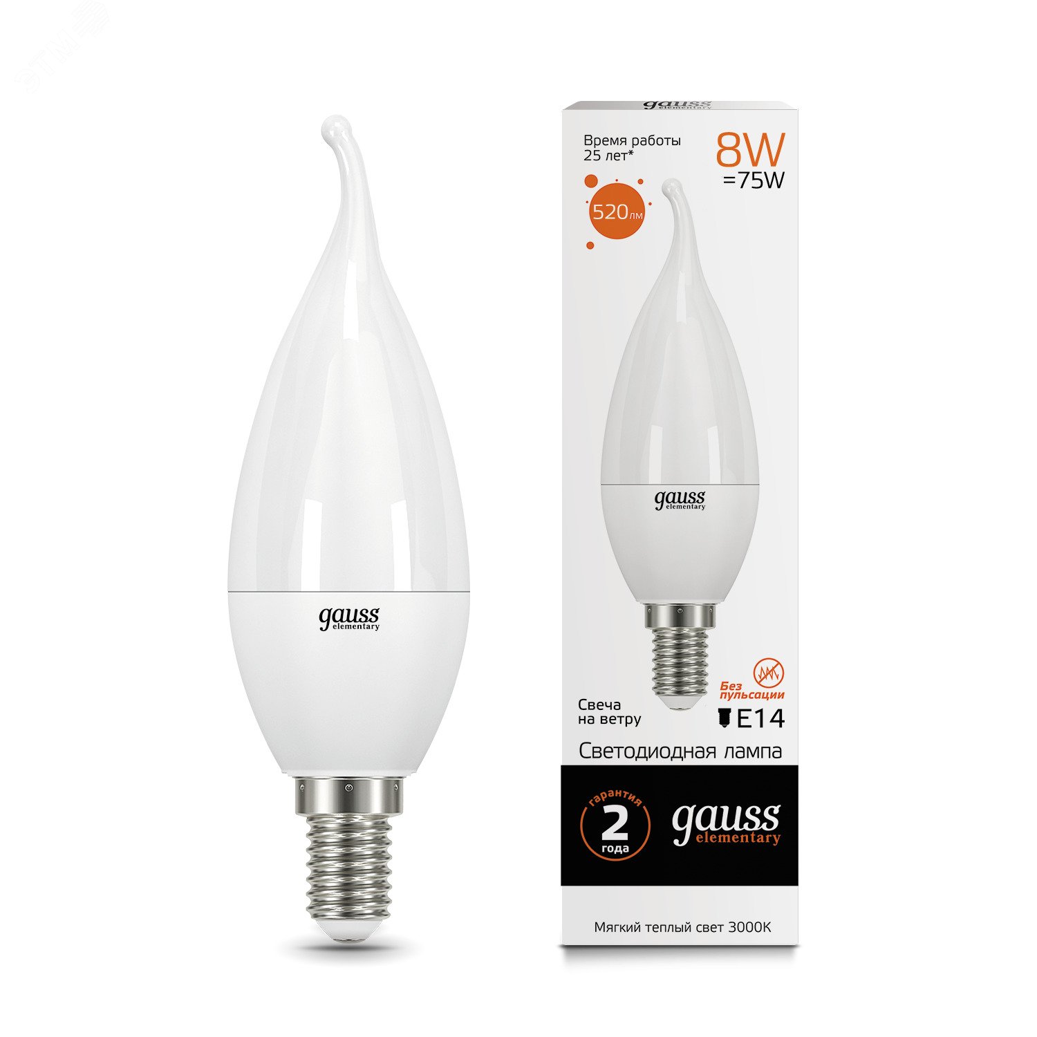 Лампа светодиодная LED 8 Вт 520 лм 3000К AC180-240В E14 свеча теплая Elementary 34118 GAUSS - превью 3