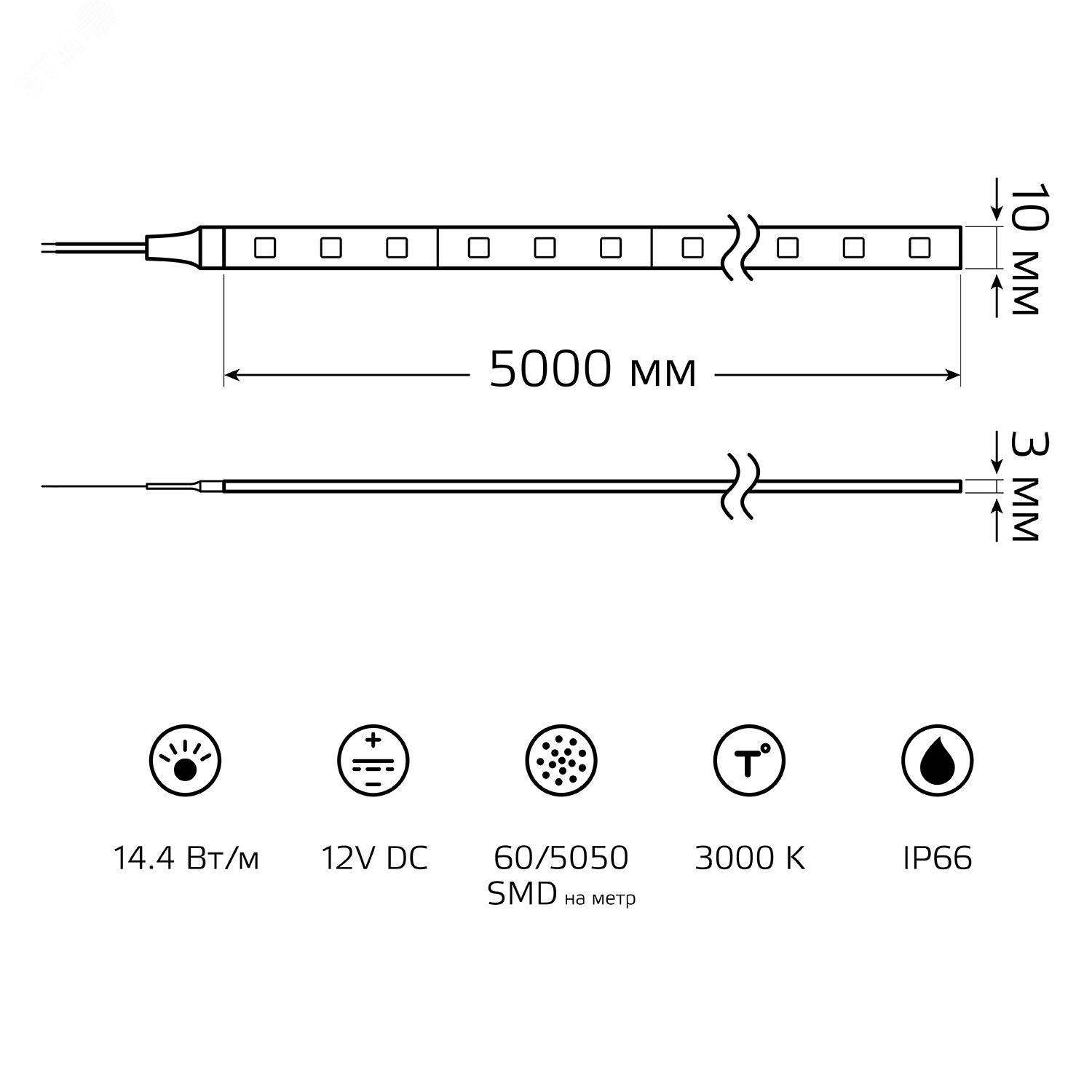 Лента светодиодная LED 5050/60-SMD 14,4 Вт/м 430 Лм/м 3000К теплый белый IP66 12 В DC 8 мм (катушка 5 м ZIP bag) Elementary Gauss 356000114 GAUSS - превью 8