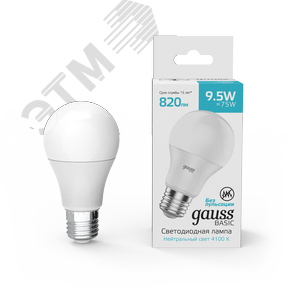 Лампа светодиодная LED 9.5 Вт820 Лм 4100К белая E27 A60 Basic 1023220 GAUSS - 2