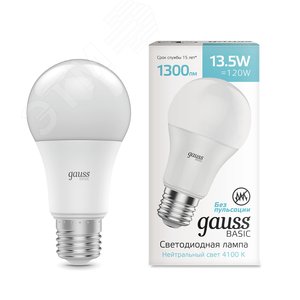 Лампа светодиодная LED 13.5 Вт 1300 лм 4100К AC180-240В E27 А60 (груша) нейтральный  Basic Gauss 1023224 GAUSS - 2