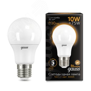 Лампа светодиодная LED 10 Вт 880 лм 3000К AC150-265В E27 А60 (груша) теплая Black 102502110 GAUSS - 3