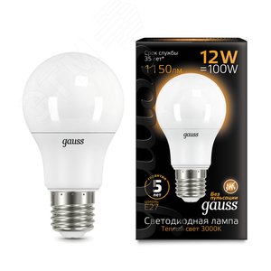 Лампа светодиодная LED 12 Вт 1150 лм 3000К AC150-265В E27 А60 (груша) теплая Black 102502112 GAUSS - 3